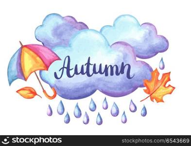 Aquarelle background with autumn elements.. Set of aquarelle umbrella, clouds and rain. Watercolor decorative autumn elements.