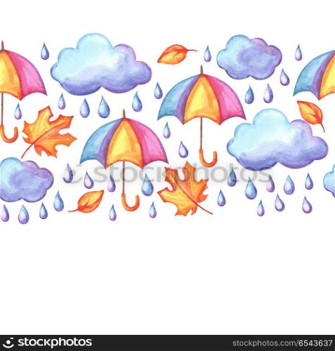Aquarelle seamless pattern with autumn elements.. Aquarelle seamless pattern with autumn elements. Watercolor decorative umbrella, clouds and rain.