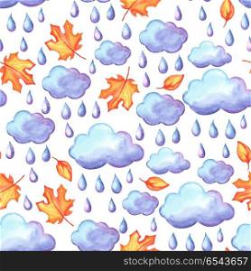 Aquarelle seamless pattern with autumn elements.. Aquarelle seamless pattern with autumn elements. Watercolor decorative leaves, clouds and rain.