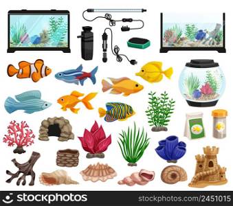 Aquaristics cartoon set with aquarium fishes corals stones seaweeds seashells and aquarium tanks of different shapes vector illustration. Aquaristics And Aquarium Fishes Set