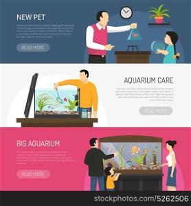 Aquarium Banners Set. Horizontal flat aquarium banners with people watching and buying fish isolated vector illustration