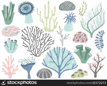 Aquarium corals and seaweed. Marine ocean coral flora, decor underwater seaweeds and different water plants. Algas and corals blossom tropical sea plant elements cartoon vector isolated icons set. Aquarium corals and seaweed. Marine ocean coral flora, decor underwater seaweeds and different water plants cartoon vector set