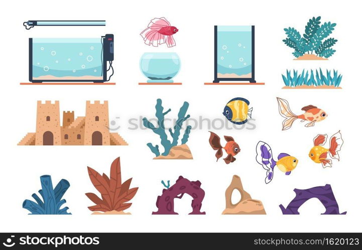 Aquarium elements. Cartoon full of water glass tank for fish and underwater plants, stones and seaweeds. Decoration aquaria kit with undersea castle, cute goldfish or algae. Vector set for pet owner. Aquarium elements. Cartoon water glass tank for fish and underwater plants, stones and seaweeds. Decoration aquaria kit with undersea castle, goldfish or algae. Vector set for pet owner