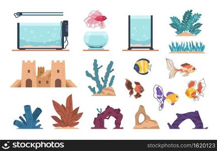 Aquarium elements. Cartoon full of water glass tank for fish and underwater plants, stones and seaweeds. Decoration aquaria kit with undersea castle, cute goldfish or algae. Vector set for pet owner. Aquarium elements. Cartoon water glass tank for fish and underwater plants, stones and seaweeds. Decoration aquaria kit with undersea castle, goldfish or algae. Vector set for pet owner