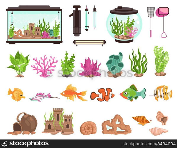 Aquarium elements. Decorative fish s habitat. Glass containers various isolated shapes with water and algae. Underwater rocks and corals. Fishbowl filters. Goldfishes and shells. Splendid vector set. Aquarium elements. Decorative fish s habitat. Containers various shapes with water and algae. Underwater rocks and corals. Fishbowl filters. Goldfishes and shells. Splendid vector set