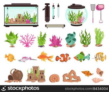 Aquarium elements. Decorative fish s habitat. Glass containers various isolated shapes with water and algae. Underwater rocks and corals. Fishbowl filters. Goldfishes and shells. Splendid vector set. Aquarium elements. Decorative fish s habitat. Containers various shapes with water and algae. Underwater rocks and corals. Fishbowl filters. Goldfishes and shells. Splendid vector set