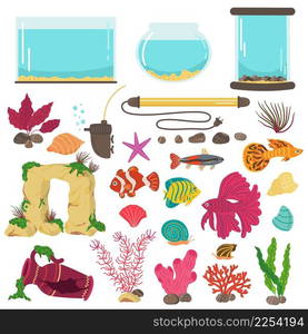 Aquarium elements. Interior decor, glass water containers for color little fishes, home hobby elements, underwater decoration stones and colorful seaweeds, vector cartoon flat style isolated set. Aquarium elements. Interior decor, glass water containers for color little fishes, home hobby elements, underwater decoration stones and colorful seaweeds, vector isolated set