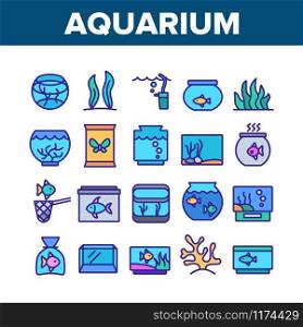Aquarium Fish Decor Collection Icons Set Vector Thin Line. Seaweed And Coral For Decorate Aquarium, Clean Stick And Water Bubble Pump Concept Linear Pictograms. Color Contour Illustrations. Aquarium Fish Decor Collection Icons Set Vector