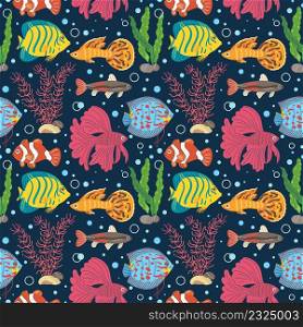 Aquarium fish seamless pattern. Different breeds colorful little fishes, decorative algae, stones, underwater world, isolated on blue background. Decor textile, wrapping paper wallpaper, vector print. Aquarium fish seamless pattern. Different breeds colorful little fishes, decorative algae, stones, underwater world, isolated on blue background. Decor textile, wrapping paper, vector print