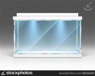Aquarium glass box, terrarium with backlight isolated on transparent background. Empty illuminated tank for water and fishes, exhibition showcase, interior decoration, Realistic 3d vector illustration. Aquarium glass box, terrarium with backlight.