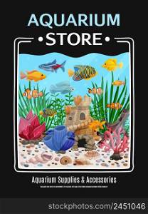 Aquarium supplies and accessories cartoon poster with colorful picture of underwater life vector illustration . Aquarium Store Poster