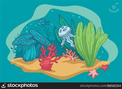 Aquarium with fish and seaweed, underwater flora and fauna. Marine and nautical creatures and plants, corals and sand. Jelly and starfish on bottom of sea or ocean. Vector in flat style illustration. Underwater flora and fauna, aquarium with fish