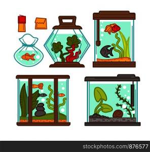 Aquariums set with flora and fauna in glass container filled with water. Stones and plant decorating objects, gold fish and snails floating inside. Different boxes for animals vector illustration. Aquariums set with flora and stones vector illustration