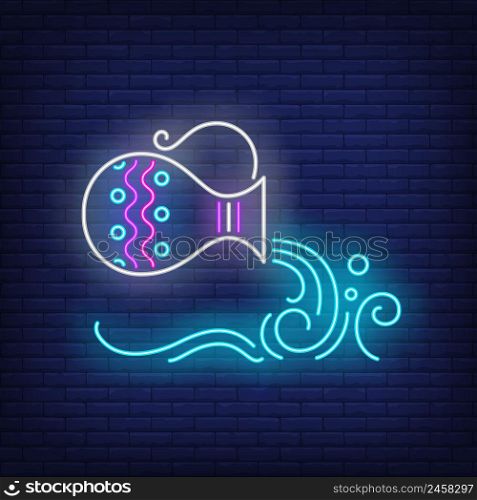 Aquarius neon sign. Water bearer, jug, pouring. Astrological sign concept. Vector illustration in neon style, glowing element for topics like zodiac, astrology, horoscope