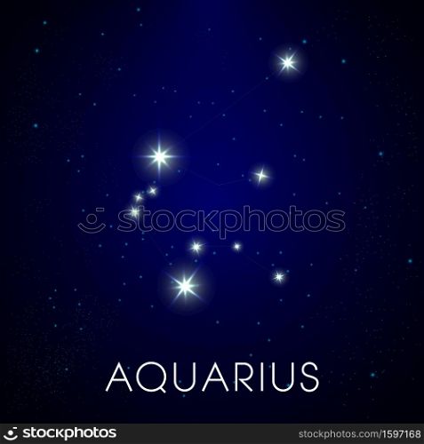 Aquarius zodiac sign and constellation on cosmic night sky with stars vector. Space and astrology, horoscope prediction, astronomy. Shining celestial bodies in astrological symbol, ancient calendar. Zodiac sign of Aquarius, constellation in cosmic night sky