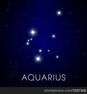 Aquarius zodiac sign and constellation on cosmic night sky with stars vector. Space and astrology, horoscope prediction, astronomy. Shining celestial bodies in astrological symbol, ancient calendar. Zodiac sign of Aquarius, constellation in cosmic night sky