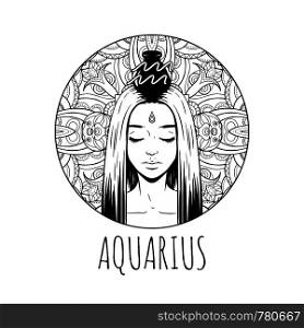 Aquarius zodiac sign artwork, adult coloring book page, beautiful horoscope symbol girl, vector illustration