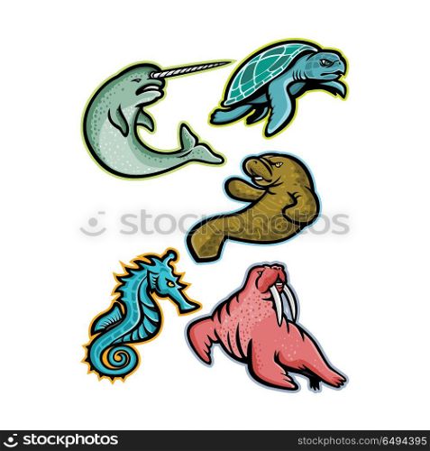 Aquatic Animals and Marine Mammals Collection. Mascot icon illustration set of aquatic animals and marine mammals like the narwhal or narwhale, ridley sea turtle, manatee or sea cow, sea horse or seahorse and the walrus viewed from side on isolated background in retro style.. Aquatic Animals and Marine Mammals Collection