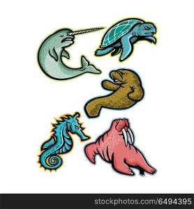 Aquatic Animals and Marine Mammals Collection. Mascot icon illustration set of aquatic animals and marine mammals like the narwhal or narwhale, ridley sea turtle, manatee or sea cow, sea horse or seahorse and the walrus viewed from side on isolated background in retro style.. Aquatic Animals and Marine Mammals Collection