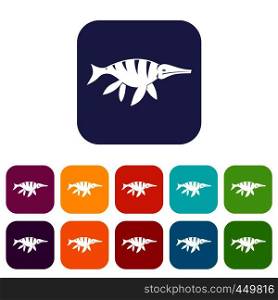 Aquatic dinosaur icons set vector illustration in flat style In colors red, blue, green and other. Aquatic dinosaur icons set flat