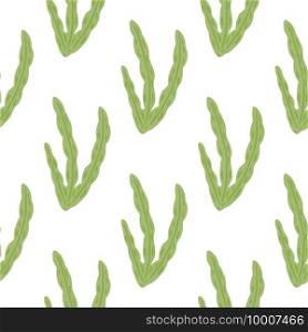 Aquatic foliages seamless pattern with green colored seaweed isolated ornament. White background. Perfect for fabric design, textile print, wrapping, cover. Vector illustration.. Aquatic foliages seamless pattern with green colored seaweed isolated ornament. White background.