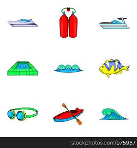 Aquatory icons set. Cartoon set of 9 aquatory vector icons for web isolated on white background. Aquatory icons set, cartoon style