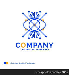 Ar, augmentation, cyber, eye, lens Blue Yellow Business Logo template. Creative Design Template Place for Tagline.