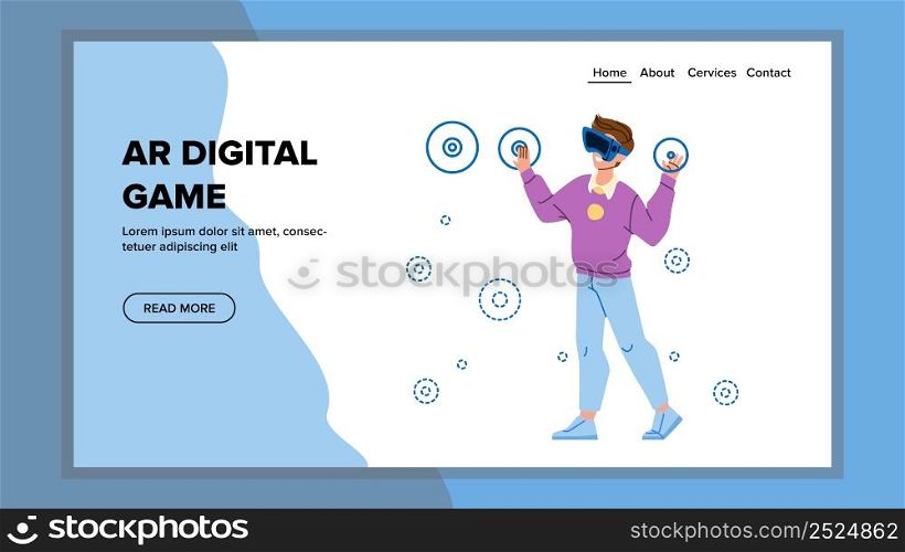 Ar Digital Game Playing Young Man Gamer Vector. Boy Player Play Ar Digital Game With Virtual Reality Glasses, Electronic Device For Enjoying Simulation. Character Web Flat Cartoon Illustration. Ar Digital Game Playing Young Man Gamer Vector