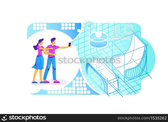 AR interior projection 2D vector web banner, poster. People with smartphone flat characters on cartoon background. Simulator for entertainment. Room visual in augmented reality colorful scene. AR interior projection 2D vector web banner, poster