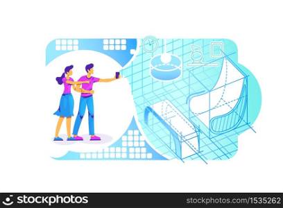 AR interior projection 2D vector web banner, poster. People with smartphone flat characters on cartoon background. Simulator for entertainment. Room visual in augmented reality colorful scene. AR interior projection 2D vector web banner, poster