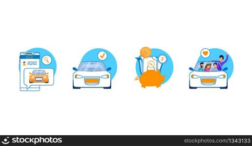 ?ar Service Icon Set. Carshare, Carpool, Taxi Mobile App, Economy Ride Modern Flat Concept. Simple Symbol of Piggy Bank, Cash, Phone Application, People Character. Beneficial Ride.. Car Service Icon Set. Carshare, Carpool Mobile App