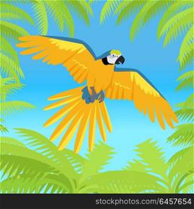 Ara Parrot Flat Design Vector Illustration. Ara parrot vector. Birds of Amazonian forests in flat design illustration. Fauna of South America. Flying colorful Ara parrot in jungle for posters, childrens books illustrating. Isolated on white.