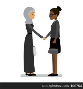 Arab and african american women shake hands,isolated on white background,flat vector ilustration.