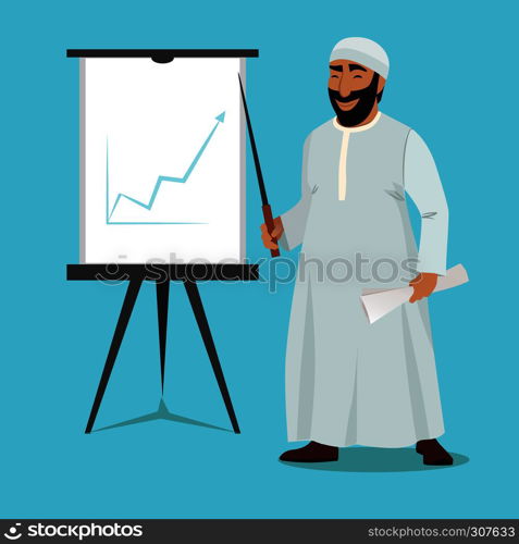 Arab businessman stand and pointing on white board. Arab presentation chart growth on white board vector illustration. Arab businessman stand and pointing on white board