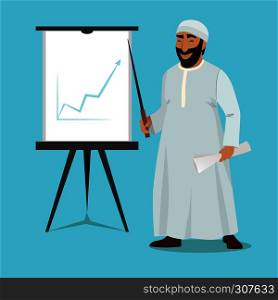 Arab businessman stand and pointing on white board. Arab presentation chart growth on white board vector illustration. Arab businessman stand and pointing on white board