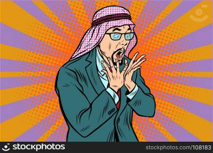 Arab businessman surprised, emotional reaction. Pop art retro vector illustration. Arab businessman surprised, emotional reaction