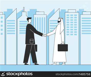 Arab businessmen, business handshake, conclusion of the transaction. Muslim investors on the background of city skyscrapers. Flat vector illustration.