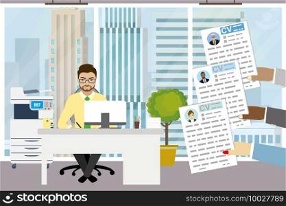 Arab businssman in modern office,office manager on workplace, recruitment company,hands holding cv resume ,job search concept,flat vector illustration.