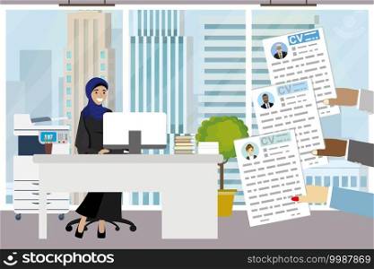 Arab businsswoman in modern office,muslim female office manager on workplace, recruitment company,hands holding cv resume ,job search concept,flat vector illustration.
