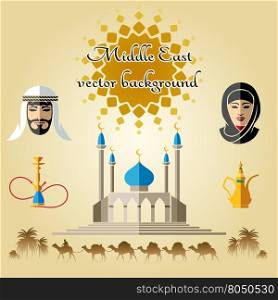 Arab concept background with camels, mosque and people in traditional Middle East clothes. Vector background with text