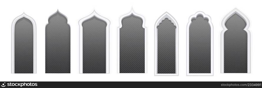 Arab door arches different shapes for mosque, islamic and oriental architecture. Vector realistic set of traditional arabic doorway frames in white wall with transparent background. Arab door arches, islamic architecture