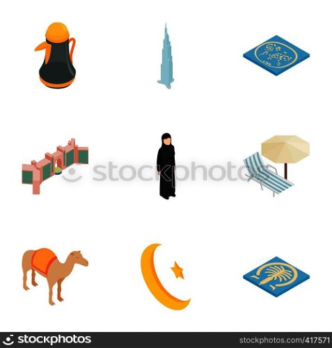 Arab elements icons set. Isometric 3d illustration of 9 arab elements vector icons for web. Arab elements icons set, isometric 3d style