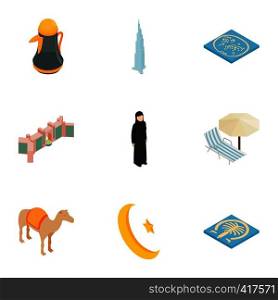 Arab elements icons set. Isometric 3d illustration of 9 arab elements vector icons for web. Arab elements icons set, isometric 3d style