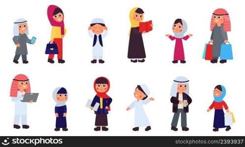 Arab family. Arabic son, saudi couple and single characters. Cartoon muslim people, isolated islam person in traditional cloth, decent vector set. Illustration of muslim father, mother and family. Arab family. Arabic son, saudi couple and single characters. Cartoon muslim people, isolated islam person in traditional cloth, decent vector set