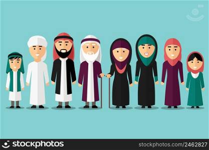 Arab family. Flat muslim characters. People traditional islam culture, man and woman, vector illustration. Arab family. Vector flat muslim characters