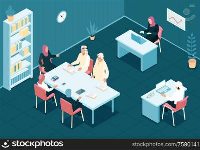 Arab family working together in office 3d isometric vector illustration