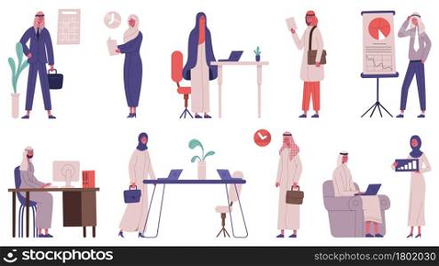 Arab islamic office team business people characters. Male and female business partners vector illustration set. Saudi business meeting persons. Woman and man in hijab or headscarf working at company. Arab islamic office team business people characters. Male and female business partners vector illustration set. Saudi business meeting persons