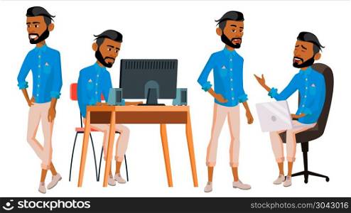 Arab Man Office Worker Vector. Arabic Traditional Clothes. Ghutra. Business Set. Facial Emotions, Gestures. Animated Elements. Corporate Businessman Male. Successful Officer, Clerk. Illustration. Arab Man Set Office Worker Vector. Emirates, Qatar, Uae. Muslim. Islamic. Emotions, Gestures. Set. Lifestyle. Arabic Business Person Front Side View Career Modern Employee Workman Illustration