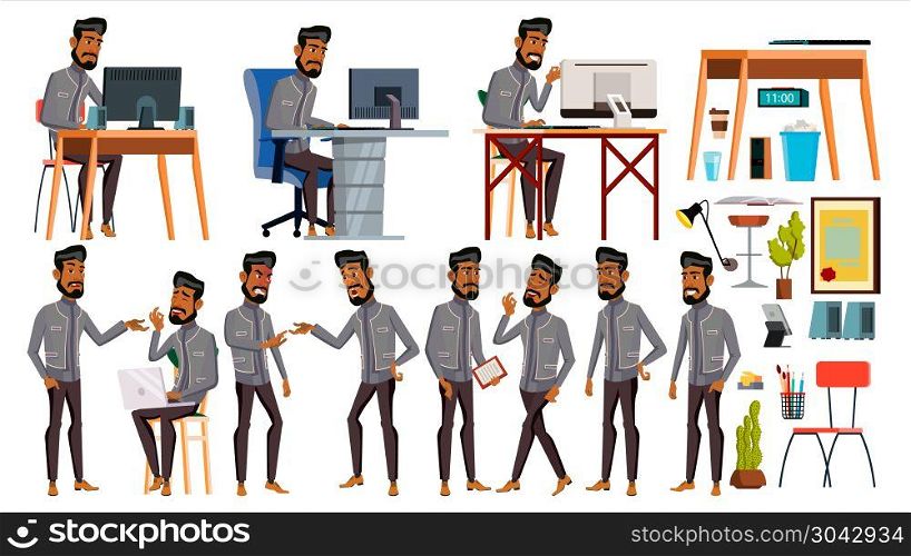 Arab Man Office Worker Vector. Business Set. Face Emotions, Various Gestures. Animated Elements. Scene. Arabic Business Worker. Career. Professional Workman, Officer, Clerk. Illustration. Arab Man Office Worker Vector. Business Set. Islamic. Facial Emotions, Gestures. Animated Elements. Arabic Corporate Businessman Male. Successful Officer, Clerk, Servant Illustration