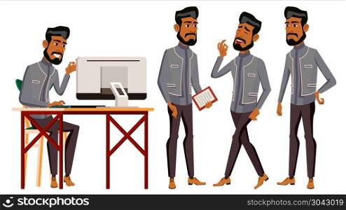 Arab Man Office Worker Vector. Business Set. Traditional Clothes. Arab, Muslim. Emotions, Gestures. Businessman Person. Arabic Front, Side View. Smiling Executive, Workman, Officer. Illustration. Arab Man Office Worker Vector. Business Set. Face Emotions, Various Gestures. Animated Elements. Scene. Arabic Business Worker. Career. Professional Workman, Officer Clerk Illustration